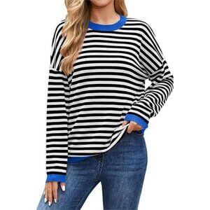 Sweater Casual Knitted Black White Striped Sweatshirt Long Sleeve Blue Trim
